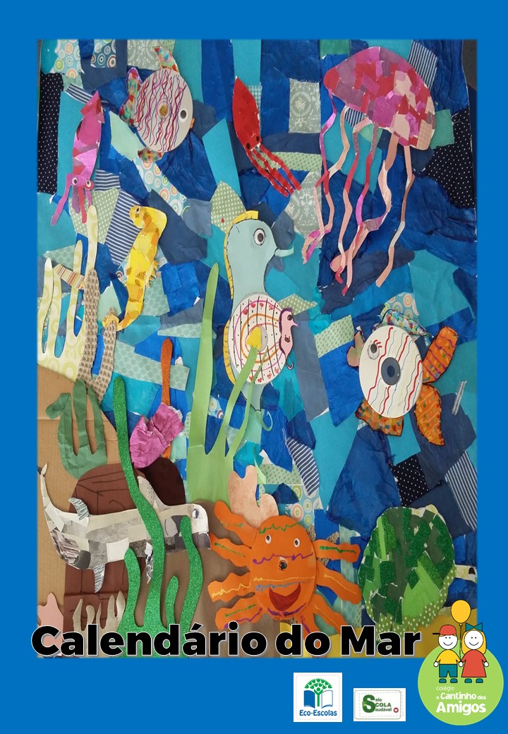A capa do calendário do 3.º A foi feita com a collage de diversos animais marinhos, tendo sido realizada por um grupo de 7 alunos. Foi criada com recurso a tecidos diversos e a papéis, cartolinas, cartões de caixas de alimentos, DVD's e CD's.
